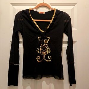 Vintage Y2K Top S Italy Micro Mesh Black Gold Sequined Long Sleeve Ribbed Ruffle